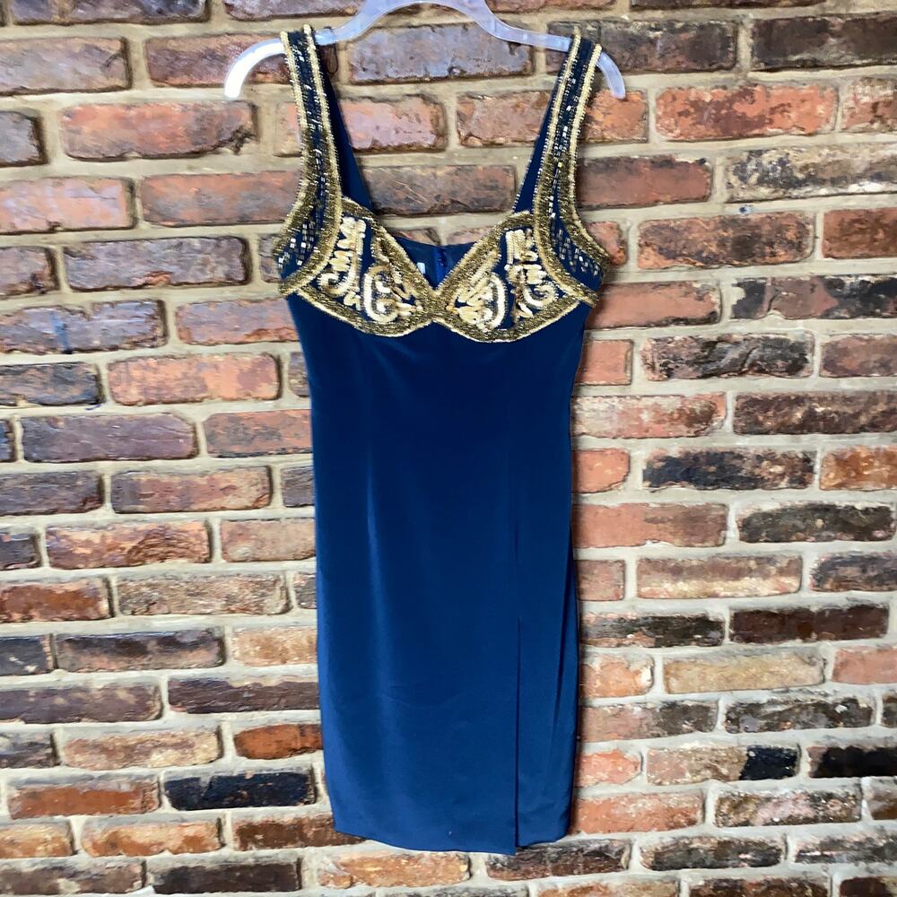 Fabrice Silhouette Navy Blue Gold Beaded Sequin Mini Slip Dress Women's Size 6